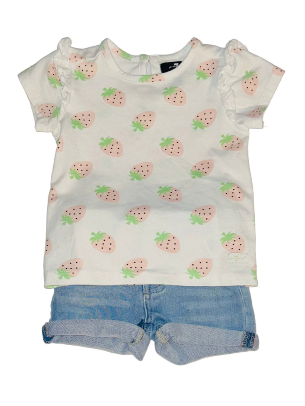 Girls 7 For All Mankind Strawberry Print Set, Size 2T, White and Blue